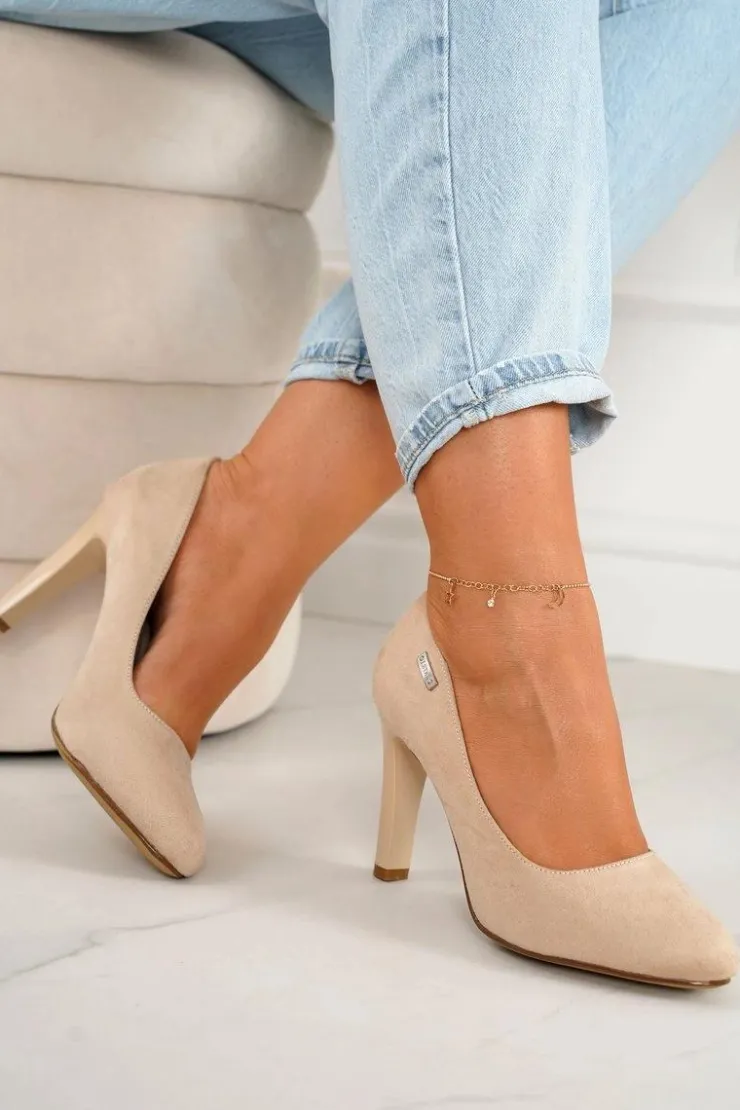 Boto Czółenka Na Słupku*Klasyczne Czółenka Na Słupku Zamszowe Beżowe Eliana