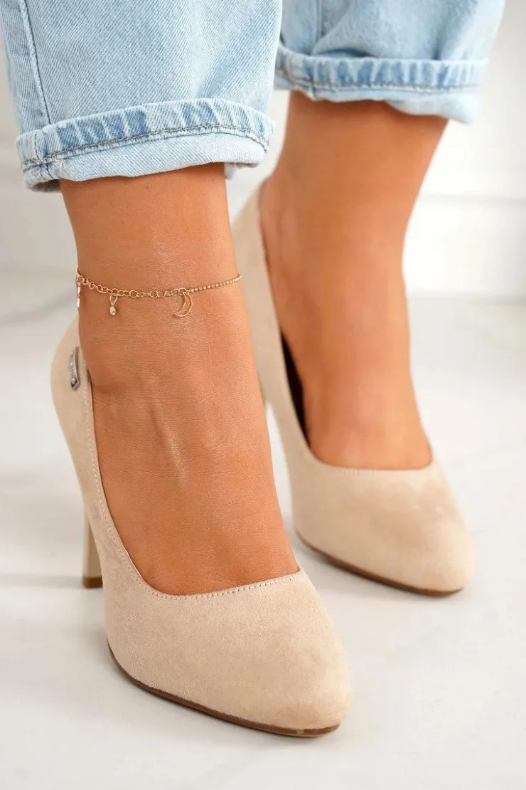 Boto Czółenka Na Słupku*Klasyczne Czółenka Na Słupku Zamszowe Beżowe Eliana