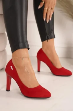 Damskie Boto Klasyczne Czółenka Na Słupku Zamszowe Czerwone Eliana