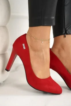 Damskie Boto Klasyczne Czółenka Na Słupku Zamszowe Czerwone Eliana