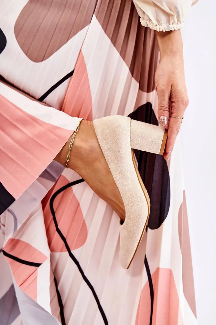 Damskie Boto Klasyczne Czółenka Zamszowe Na Słupku Beżowe Lency