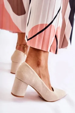 Damskie Boto Klasyczne Czółenka Zamszowe Na Słupku Beżowe Lency