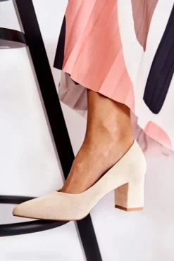 Damskie Boto Klasyczne Czółenka Zamszowe Na Słupku Beżowe Lency