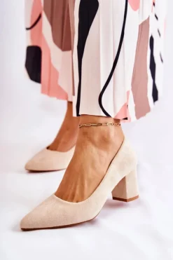 Damskie Boto Klasyczne Czółenka Zamszowe Na Słupku Beżowe Lency