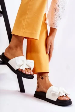 Clearance Boto Klasyczne Damskie Klapki Skórzane Z Kokardą Białe Dessy