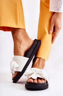 Clearance Boto Klasyczne Damskie Klapki Skórzane Z Kokardą Białe Dessy