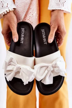 Clearance Boto Klasyczne Damskie Klapki Skórzane Z Kokardą Białe Dessy