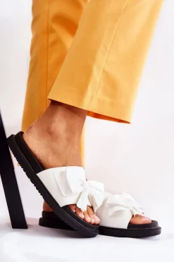 Clearance Boto Klasyczne Damskie Klapki Skórzane Z Kokardą Białe Dessy