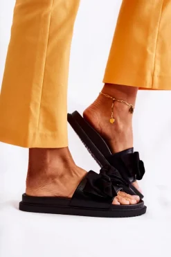 Boto Klapki Damskie Klasyczne*Klasyczne Damskie Klapki Skórzane Z Kokardą Czarne Dessy