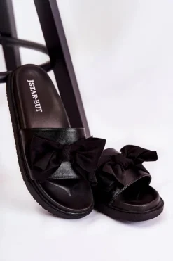 Boto Klapki Damskie Klasyczne*Klasyczne Damskie Klapki Skórzane Z Kokardą Czarne Dessy