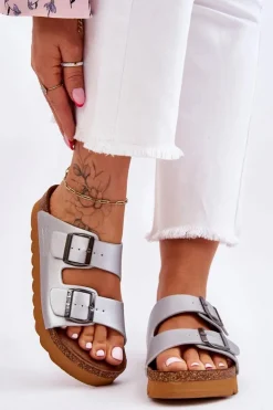 Big Star Shoes Klasyczne Damskie Klapki Big Star LL274476 Srebrne Srebrny