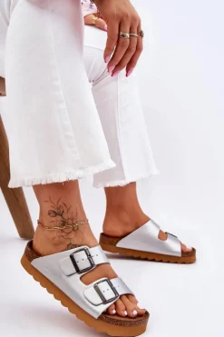 Big Star Shoes Klasyczne Damskie Klapki Big Star LL274476 Srebrne Srebrny