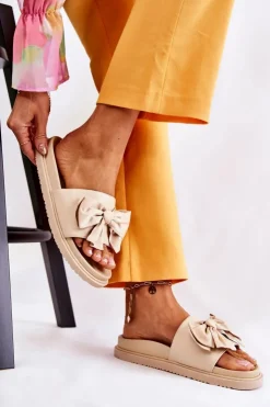 Damskie Boto Klasyczne Damskie Klapki Skórzane Z Kokardą Beżowe Dessy