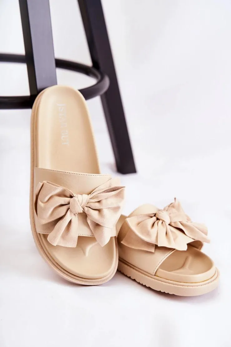 Damskie Boto Klasyczne Damskie Klapki Skórzane Z Kokardą Beżowe Dessy