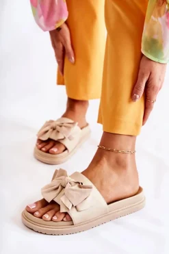 Damskie Boto Klasyczne Damskie Klapki Skórzane Z Kokardą Beżowe Dessy