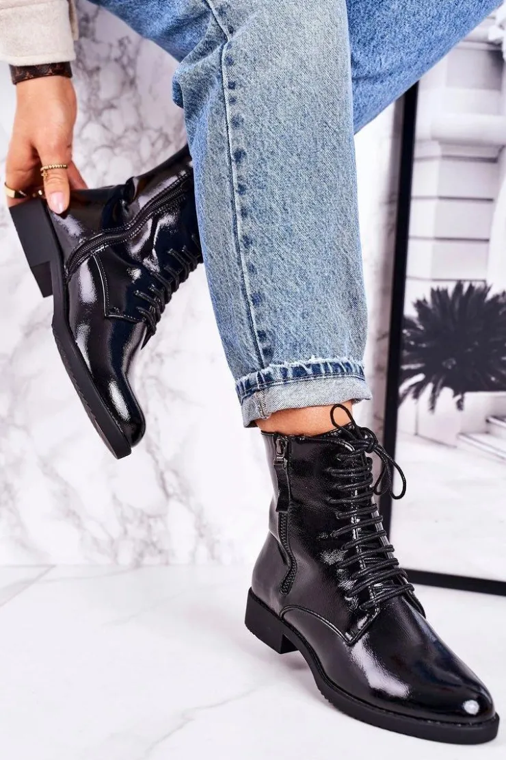 Damskie Boto Klasyczne Damskie Ocieplane Botki Lakierowane Czarne Simplicity