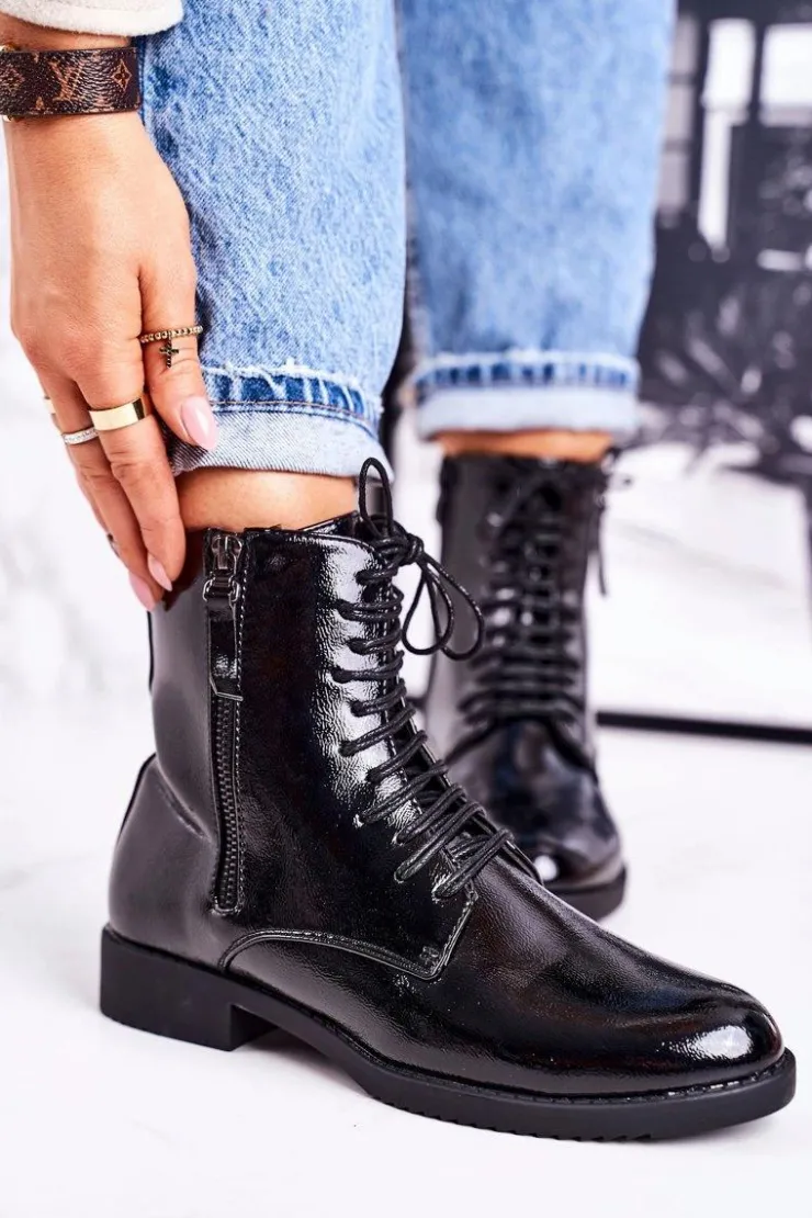 Damskie Boto Klasyczne Damskie Ocieplane Botki Lakierowane Czarne Simplicity