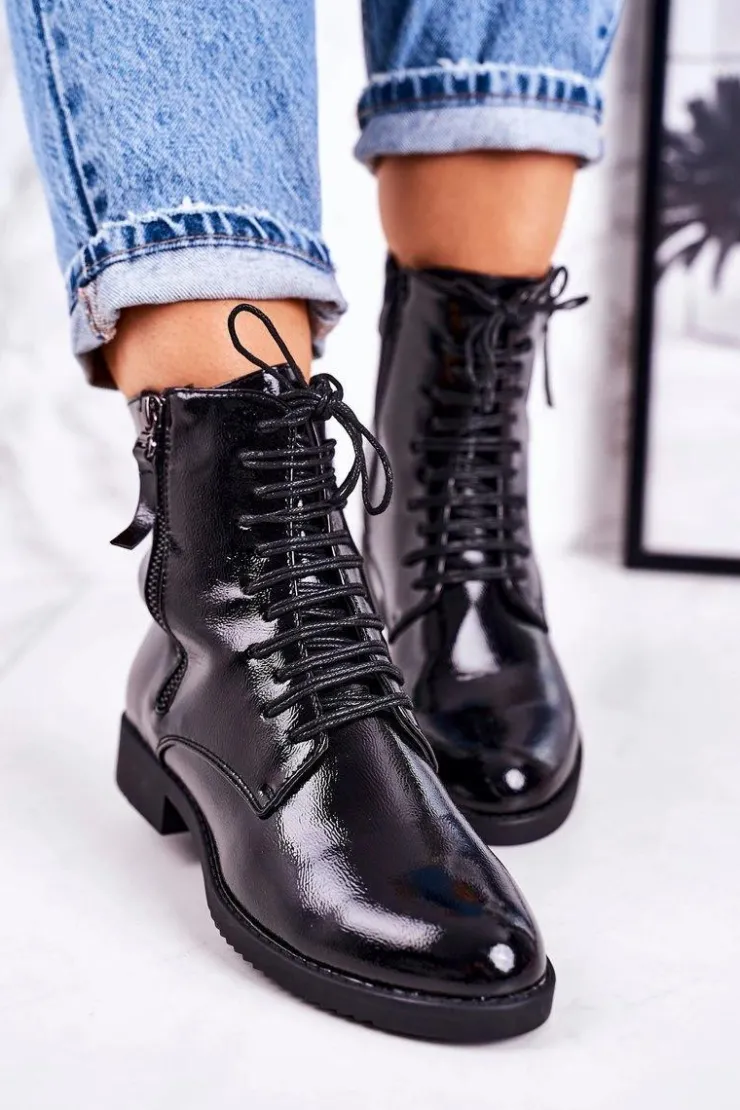 Damskie Boto Klasyczne Damskie Ocieplane Botki Lakierowane Czarne Simplicity