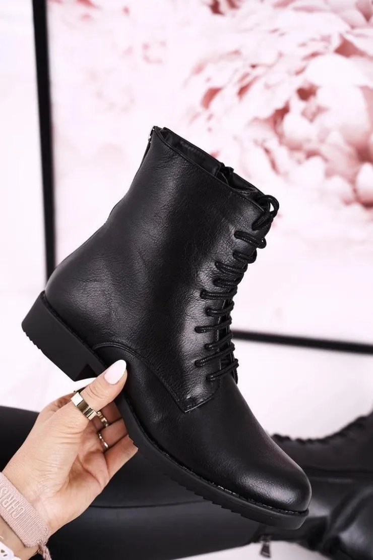 Boto Botki Sznurowane|Czarne Botki*Klasyczne Damskie Ocieplane Botki Ozdobny Suwak Czarne Simple