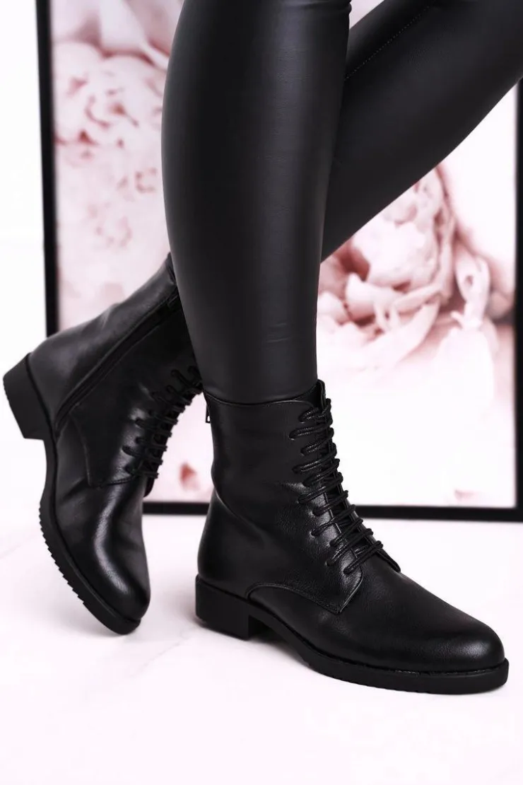 Boto Botki Sznurowane|Czarne Botki*Klasyczne Damskie Ocieplane Botki Ozdobny Suwak Czarne Simple