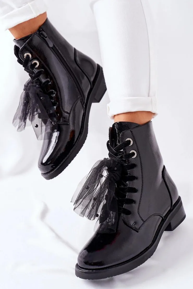 Outlet Damskie buty S.Barski Klasyczne Damskie Ocieplane Botki Lakierowane Czarne La Grotta