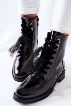 Outlet Damskie buty S.Barski Klasyczne Damskie Ocieplane Botki Lakierowane Czarne La Grotta