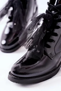 Outlet Damskie buty S.Barski Klasyczne Damskie Ocieplane Botki Lakierowane Czarne La Grotta