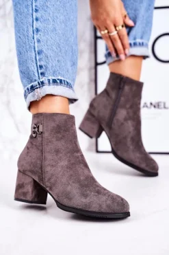 Boto Botki Na Słupku|Czarne Botki*Klasyczne Damskie Ocieplane Botki Na Słupku Szare Success