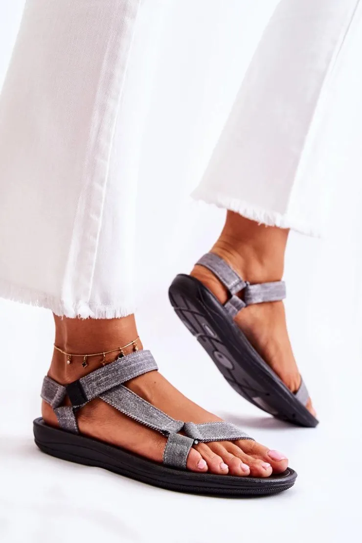 Outlet Boto Klasyczne Damskie Sandały Na Rzepy Szare Kalla