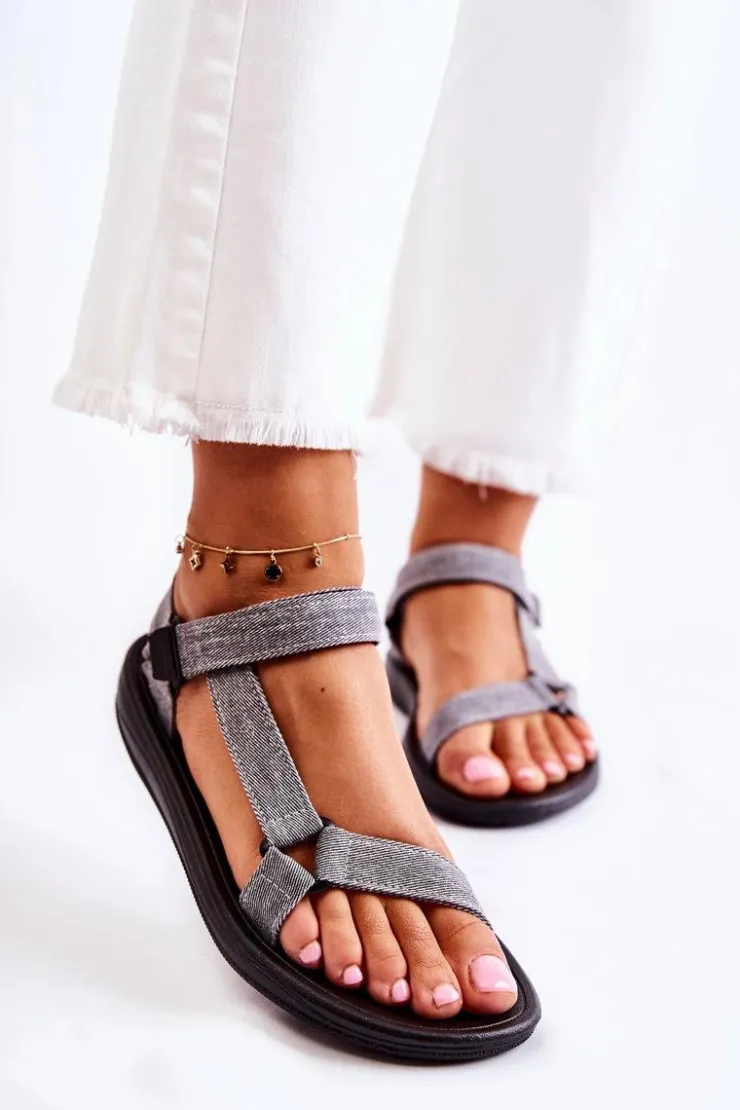 Outlet Boto Klasyczne Damskie Sandały Na Rzepy Szare Kalla