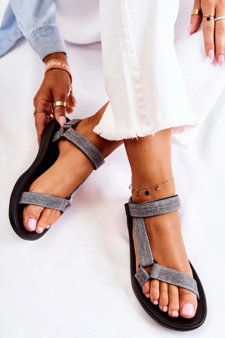 Outlet Boto Klasyczne Damskie Sandały Na Rzepy Szare Kalla