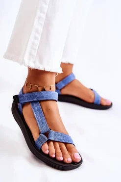 Boto Sandały Płaskie*Klasyczne Damskie Sandały Na Rzepy Niebieskie Kalla