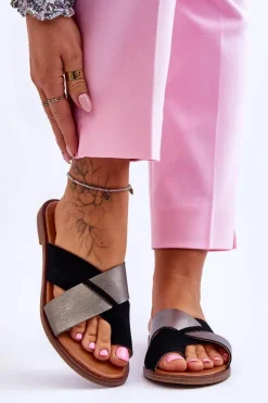 Discount Evento Klasyczne Damskie Skórzane Klapki Czarno-Platynowe Nancy