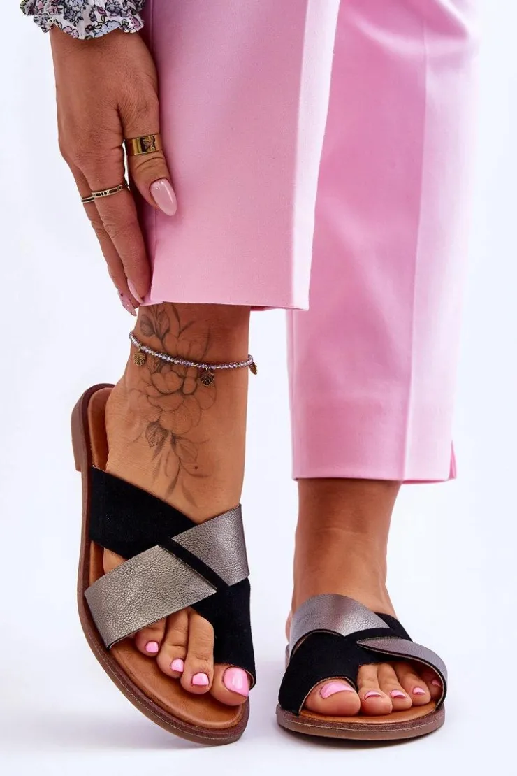 Discount Evento Klasyczne Damskie Skórzane Klapki Czarno-Platynowe Nancy