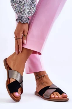 Discount Evento Klasyczne Damskie Skórzane Klapki Czarno-Platynowe Nancy