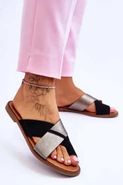 Discount Evento Klasyczne Damskie Skórzane Klapki Czarno-Platynowe Nancy