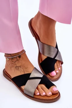 Discount Evento Klasyczne Damskie Skórzane Klapki Czarno-Platynowe Nancy