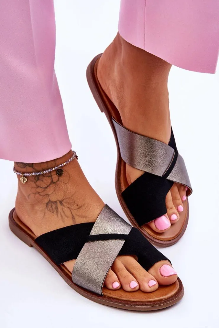 Discount Evento Klasyczne Damskie Skórzane Klapki Czarno-Platynowe Nancy