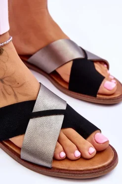 Discount Evento Klasyczne Damskie Skórzane Klapki Czarno-Platynowe Nancy