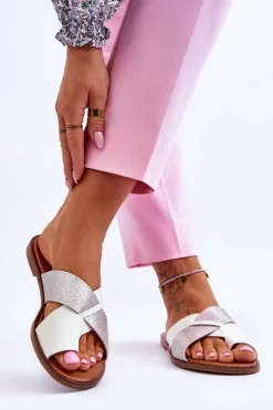 Evento Klapki Damskie Klasyczne*Klasyczne Damskie Skórzane Klapki Biało-Srebrne Nancy