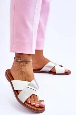 Evento Klapki Damskie Klasyczne*Klasyczne Damskie Skórzane Klapki Biało-Srebrne Nancy