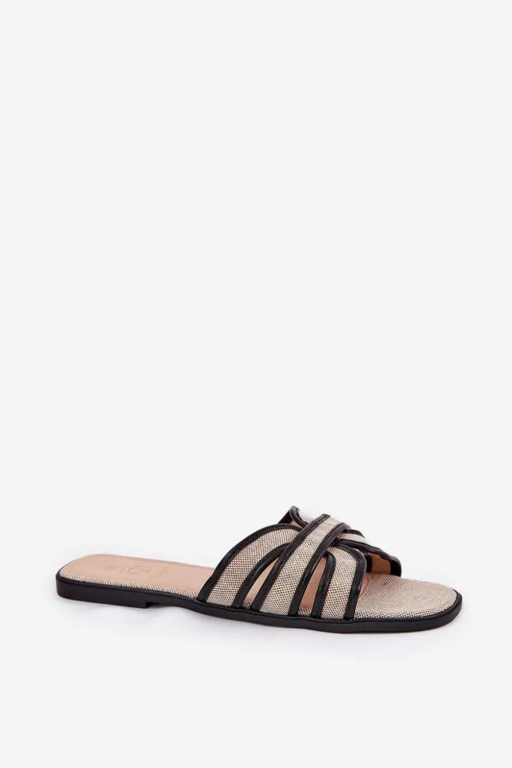 Hot Boto Klasyczne Klapki Damskie Płaskie Beżowo-Czarne Scazze