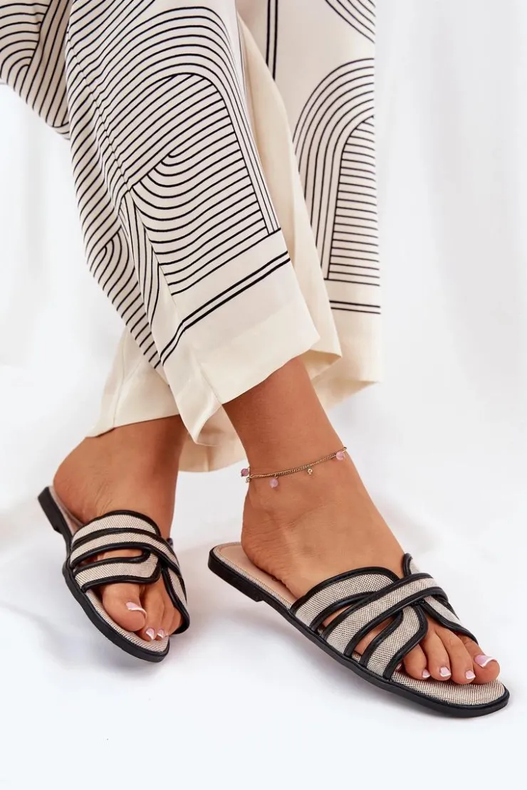 Hot Boto Klasyczne Klapki Damskie Płaskie Beżowo-Czarne Scazze