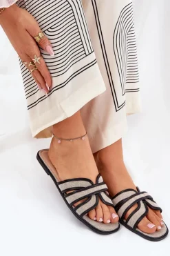 Hot Boto Klasyczne Klapki Damskie Płaskie Beżowo-Czarne Scazze