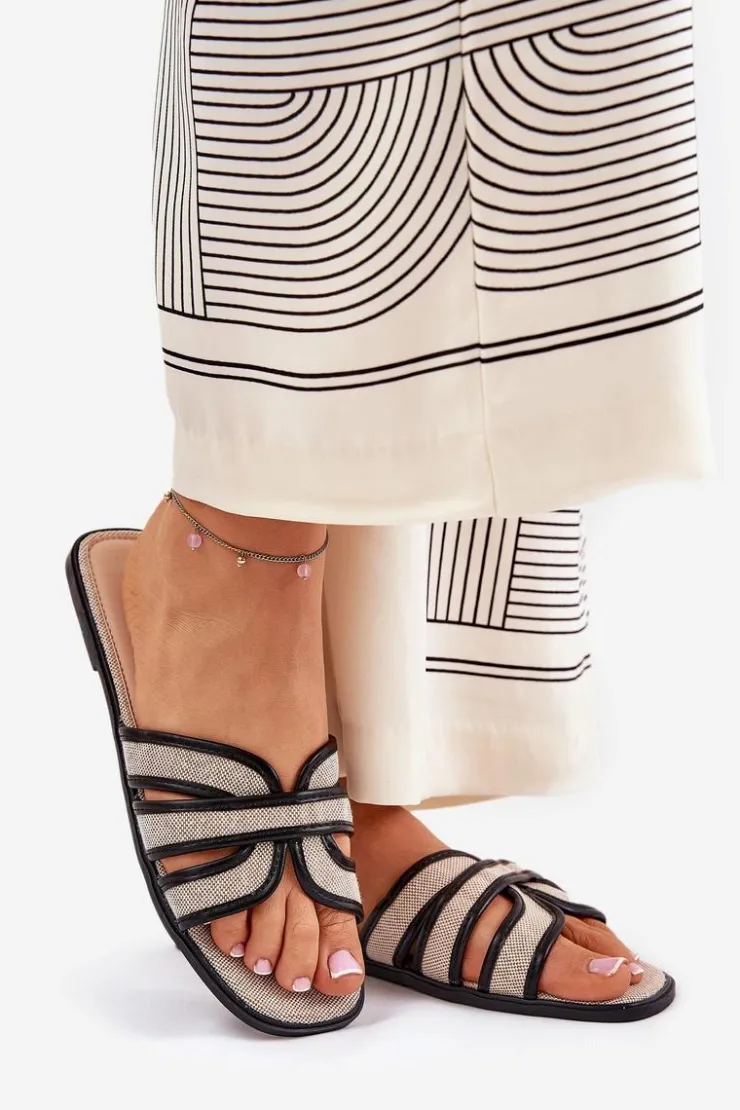 Hot Boto Klasyczne Klapki Damskie Płaskie Beżowo-Czarne Scazze