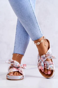 Discount Big Star Shoes Klasyczne Klapki W Kwiaty Big Star JJ274703 Jasnoszare