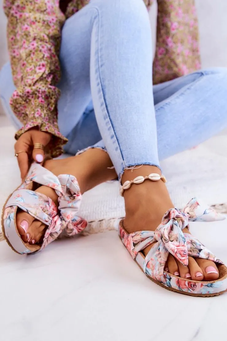 Discount Big Star Shoes Klasyczne Klapki W Kwiaty Big Star JJ274703 Jasnoszare