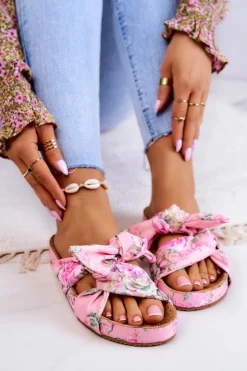 Big Star Shoes Klapki Damskie Big Star|Klapki Damskie Klasyczne*Klasyczne Klapki W Kwiaty Big Star JJ274702 Różowe