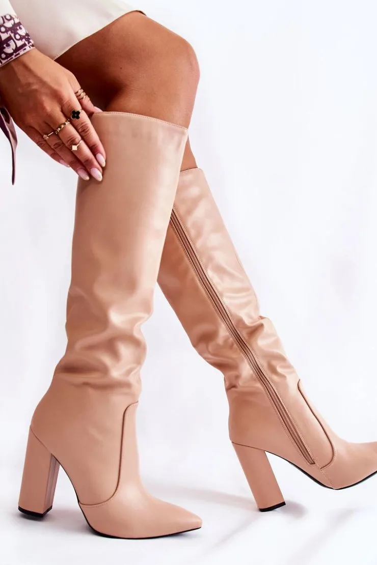 Boto Kozaki Przed Kolano|Kozaki Na Obcasie*Klasyczne Kozaki Na Słupku Nude Mayra Beżowy