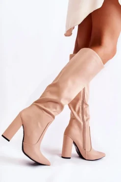 Boto Kozaki Przed Kolano|Kozaki Na Obcasie*Klasyczne Kozaki Na Słupku Nude Mayra Beżowy